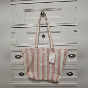 Poppy & Peonies Pink and White Striped Canvas Tote